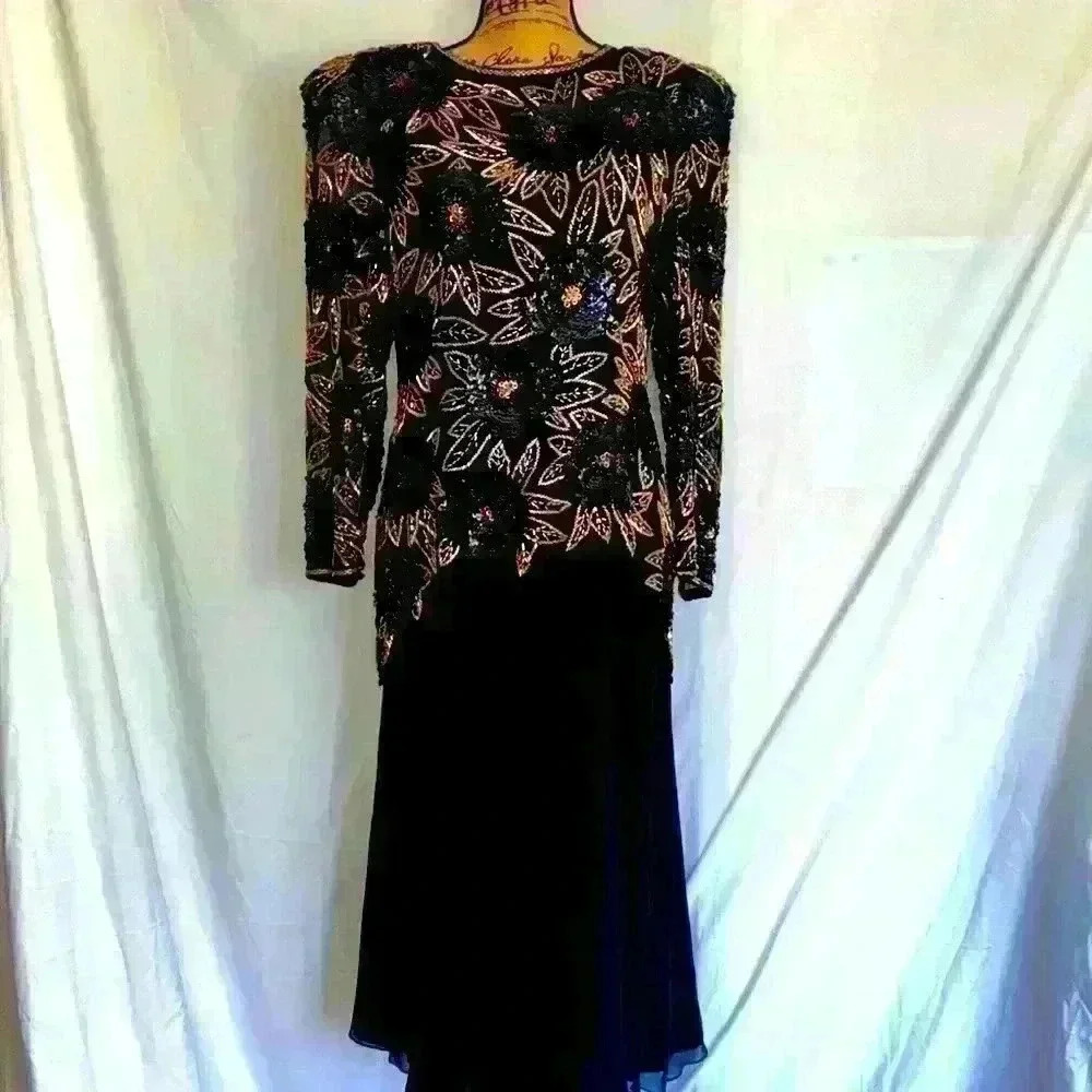Vintage 1980s Morgan Taylor Evening 100% Silk Black Gold Beaded Sequins Dress - Picture 3 of 10